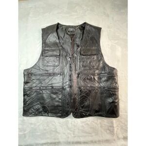 SUN QI Mens XL Vest Black Leather Patchwork Zip Front Pockets Lined